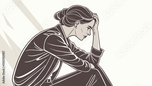 Illustrated woman in suit sitting with hand on head expressing sadness and contemplation in monochrome style