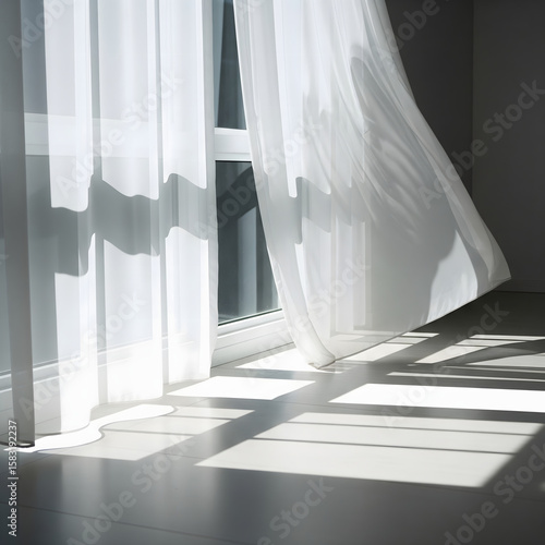 A sunlit white curtain blowing in the wind, with window shadows creating a peaceful and hopeful morning scene.