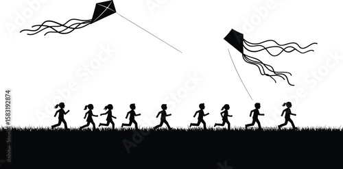 Children flying kites in grassy field, silhouette art, outdoor fun, wind play, joyful movement, summer activity, energetic childhood scene