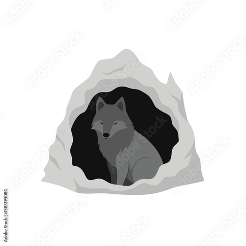 realistic wolf resting inside snow covered cave 