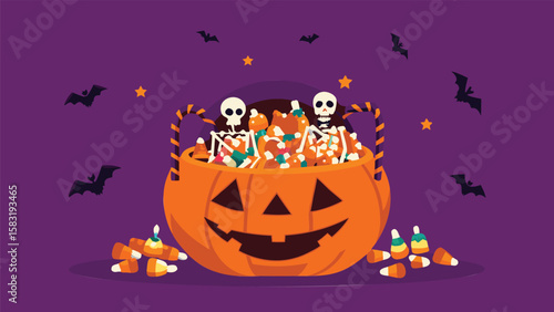A halloween pumpkin bucket filled with candy and skeletons against a purple background with bats and stars