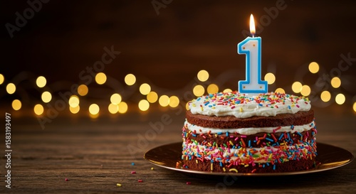 1st birthday. Celebrating First Birthday with Sprinkled Cake and Number Candle