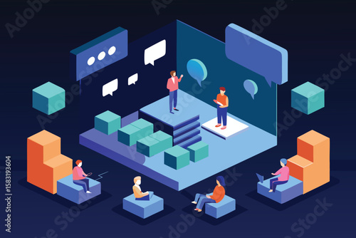 Isometric illustration representing teamwork communication and digital collaboration among coworkers for successful business strategies.