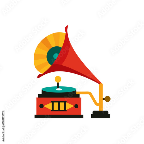 retro gramophone playing music on white background 