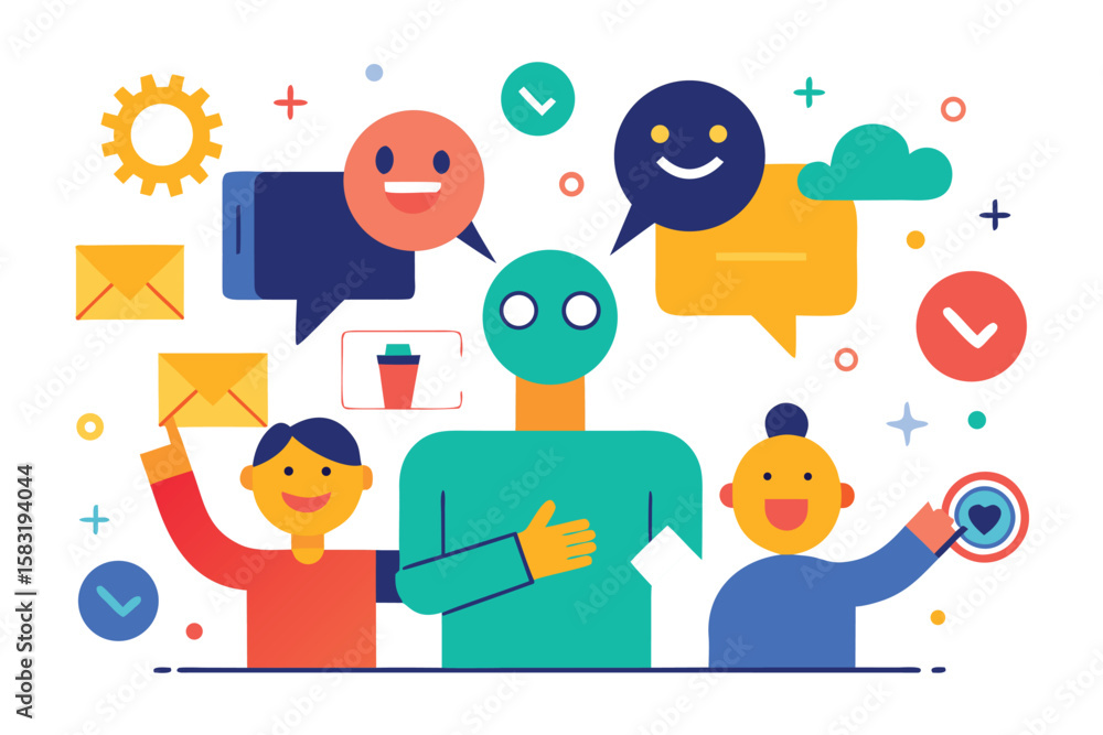 Naklejka premium Modern flat design illustrating teamwork, online communication, sharing and collaboration, with smiling faces and speech bubbles.