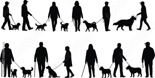 Silhouette of people walking various dog breeds outdoors, pet companionship, leash activity, exercise, urban park stroll, daily routine, canine bond
