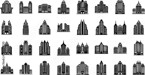Metro City Building Silhouette Icon Collection Set Vector Illustration on White Background
