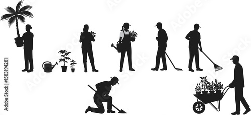 Silhouettes of gardeners planting, watering, raking soil, pushing wheelbarrow, teamwork, outdoor activity, horticulture labor, landscaping tools, garden maintenance
