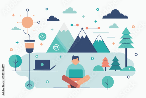 Modern illustration depicting remote work lifestyle with a laptop and mountainous landscape backdrop.