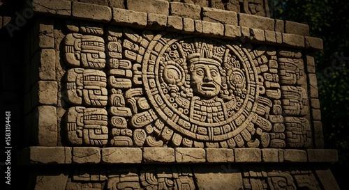 Ancient Mayan Stone Carving: Intricate Sun God Relief on Temple Wall