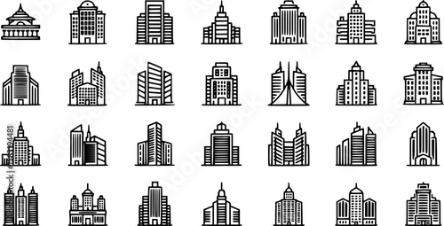Metro City Building Silhouette Icon Collection Set Vector Illustration on White Background
