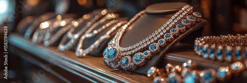 Luxury jewelry showcase featuring exquisite sapphire and diamond pieces in a finely crafted display at a high end jewelry store enticing customers to explore elegant designs and timeless beauty
