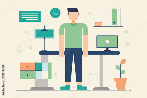Modern office worker at desk with computer plant and filing cabinet in flat geometric style