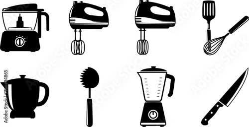 Kitchen Equipment Silhouette Icon set Vector Illustration on White Background
