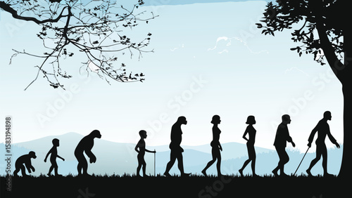 Evolutionary stages depicted in silhouette from primate to modern human progression in nature scene