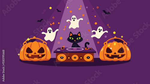 A halloween dj cat with ghosts and pumpkin buckets on a purple background with bats and confetti