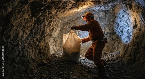 Miner in Underground Cave Collecting Minerals with Headlamp and Safety Gear