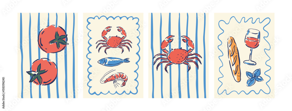 Fototapeta premium Hand drawn vintage illustrations in a doodle style. Vector Food illustrations in classic Italian aesthetics. Dolce Vita - Menu, posters designs.