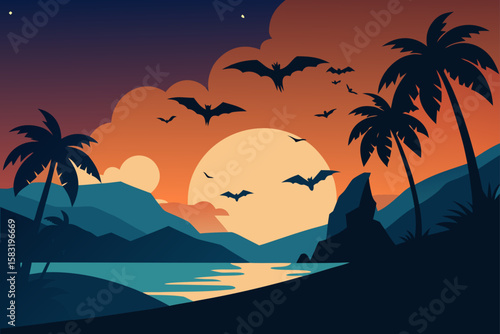 tropical beach with palm tree silhouette