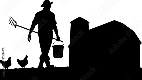 Silhouette of farmer with pitchfork and bucket walking near chickens and barn in monochrome landscape