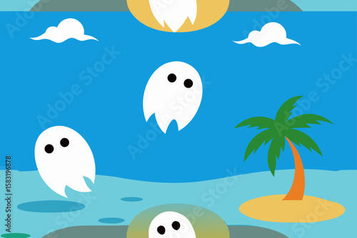 A group of kids in halloween costumes at a beach vector illustration