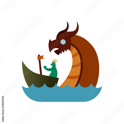 viking ship battling giant sea monster on white 