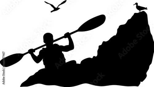 Silhouette of kayaker paddling with bird flying above and another perched on rock formation with water