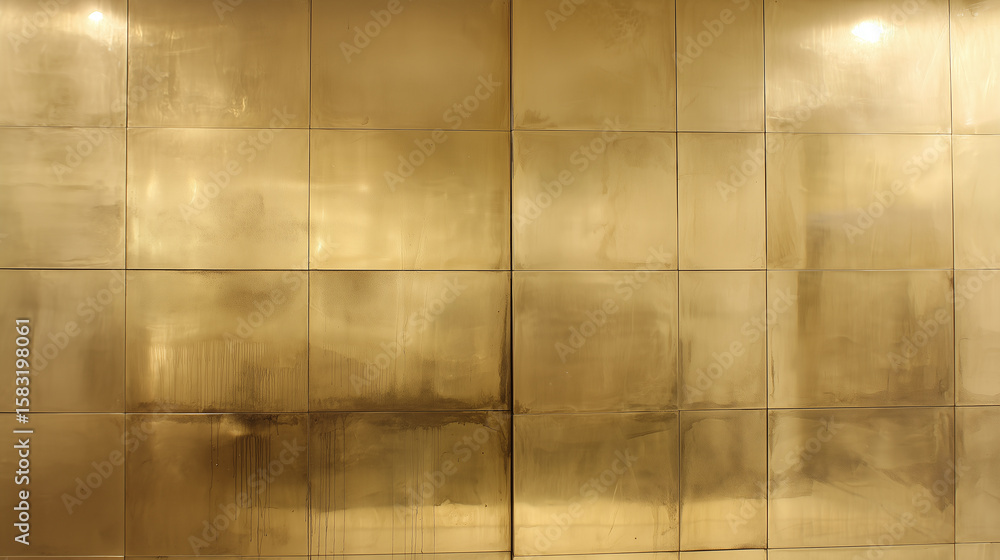 Naklejka premium Golden metallic wall panel with soft discoloration and oxidized brass texture creating elegant and warm atmosphere in interior space