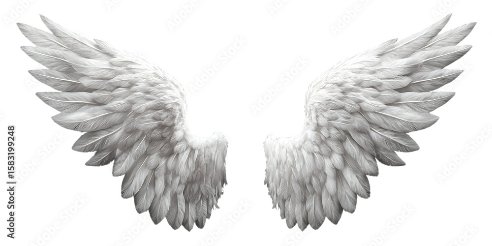Fototapeta premium Two white angel wings isolated on a transparent background, top view.