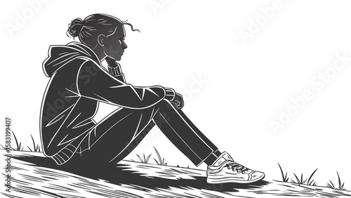 A woman sitting on a grassy hill wearing a hoodie and sneakers in black and white illustration style