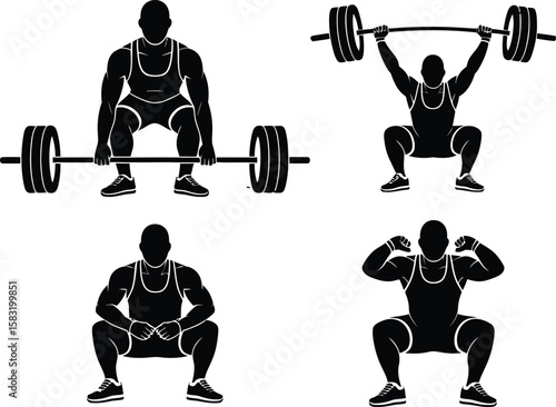 Weightlifter performing deadlift and overhead squat with barbell silhouette