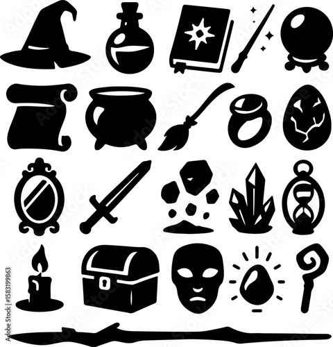 Collection of black silhouette icons representing magical and mystical fantasy elements including a witch hat potion bottle spellbook wand crystal ball broomstick cauldron scroll mirror sword crystals