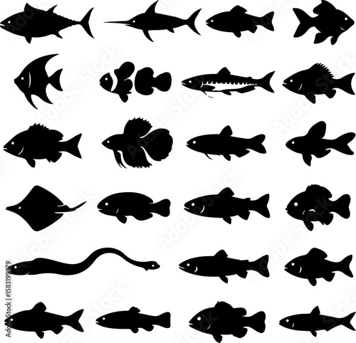 Collection of diverse black fish silhouettes showcasing various species and shapes including a swordfish betta goldfish stingray and eel against a clean white background