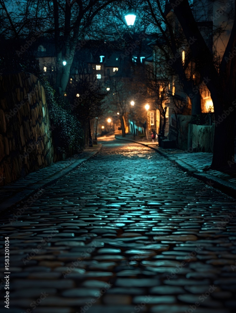 Fototapeta premium The ancient stone road under dim streetlights
