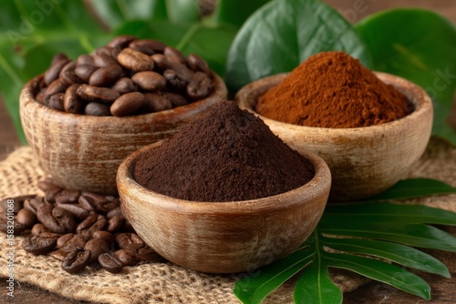 Freshly ground coffee and coffee beans presented in rustic bowls with green leaves on a wooden surface