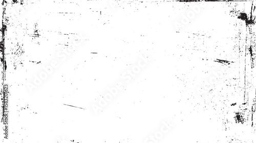 High contrast white grunge background with rough black distressed edges. Scratch damaged texture for retro overlay or vintage design.