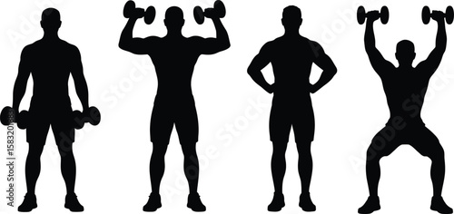 Four silhouettes of a man performing different dumbbell exercises