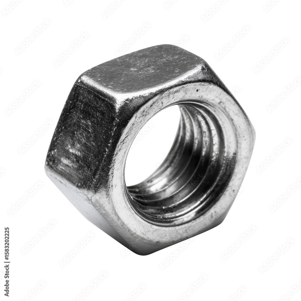 Detailed close up of a metallic hex nut isolated against a transparent background Detailed close up of a metallic hex nut isolated against a transparent background