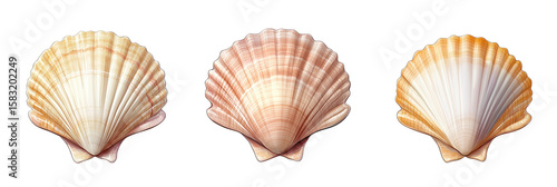 Realistic illustration of three beautiful scallop shells showcasing unique colors and textures, isolated on transparent background