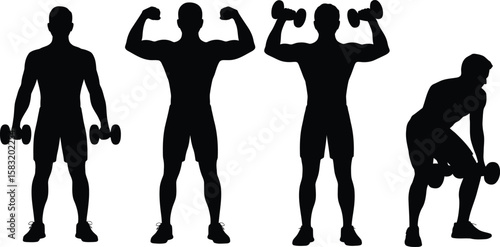 Man silhouette performing different dumbbell exercises for a strong physique