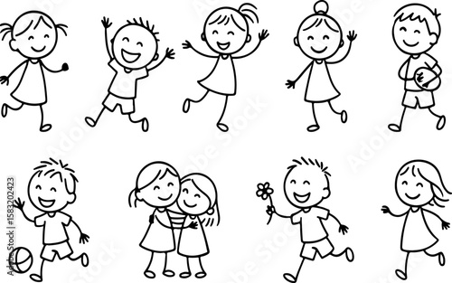 Collection of happy stick figure children playing and interacting with each other in various playful poses and activities on a white background