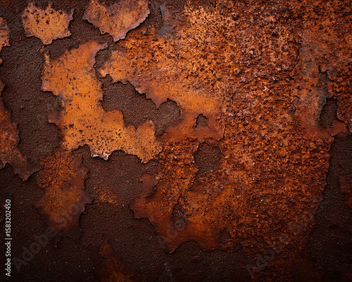 Old, grungy brown rust corrodes a textured metal surface, creating an aged, vintage pattern on the dirty iron wall