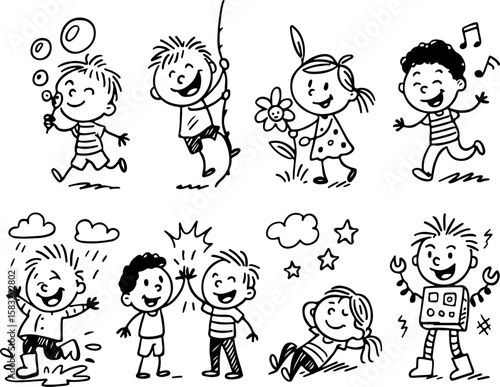 Collection of happy cartoon children enjoying various activities like blowing bubbles swinging holding flowers dancing jumping in puddles high fiving relaxing and dressed as a robot