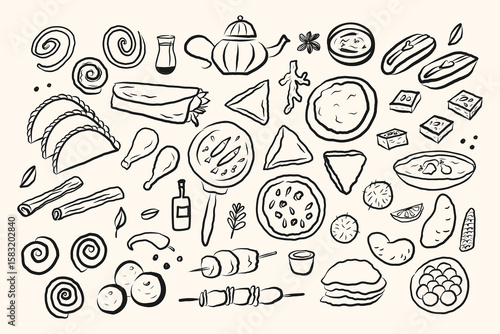Indian cuisine doodle with flatbreads, dal, curry, tandoori, samosas, sweets masala tea, dessert. Banner with sketched traditional food and drink from India. Vector illustration on isolated background