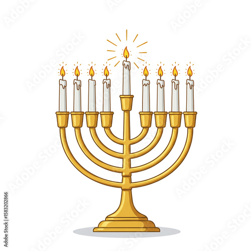 Gold Menorah with Nine Lit Candles for Hanukkah Celebration