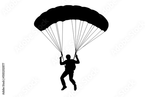 Parachutist Silhouette Descending Against a white background