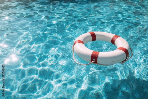 A white redstriped life preserver floats on the shimmering surface of a pool