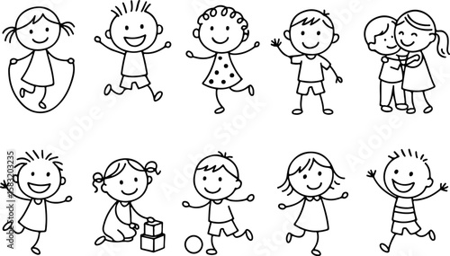 Collection of happy stick figure children engaged in various activities like jumping rope playing with blocks and kicking a ball together