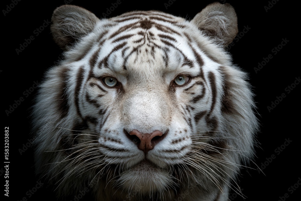 Obraz premium Closeup of a white tigers face against a black background Striking blue eyes and detailed fur texture