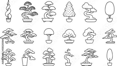 Collection of stylized black and white line art illustrations featuring various bonsai trees and potted plants in different shapes and sizes